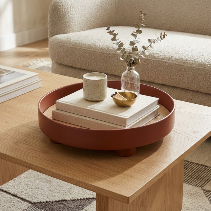 Black Round Oak Wood Tray styled with decor