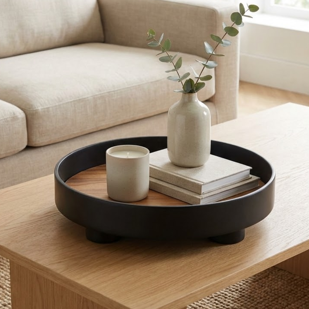 Black Round Oak Wood Tray on coffee table