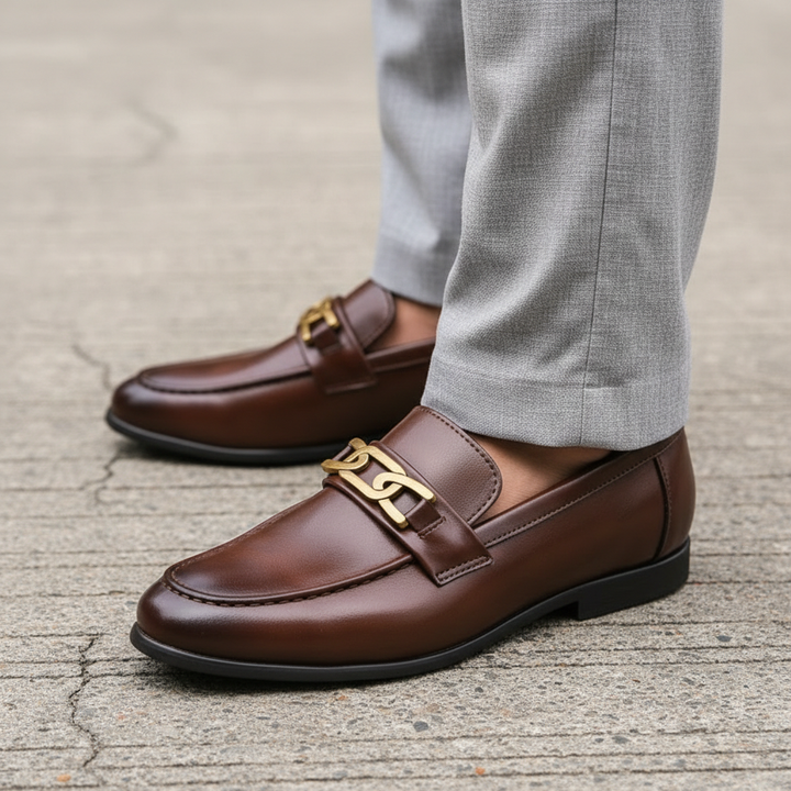 Brown Genuine Leather Buckle Loafers