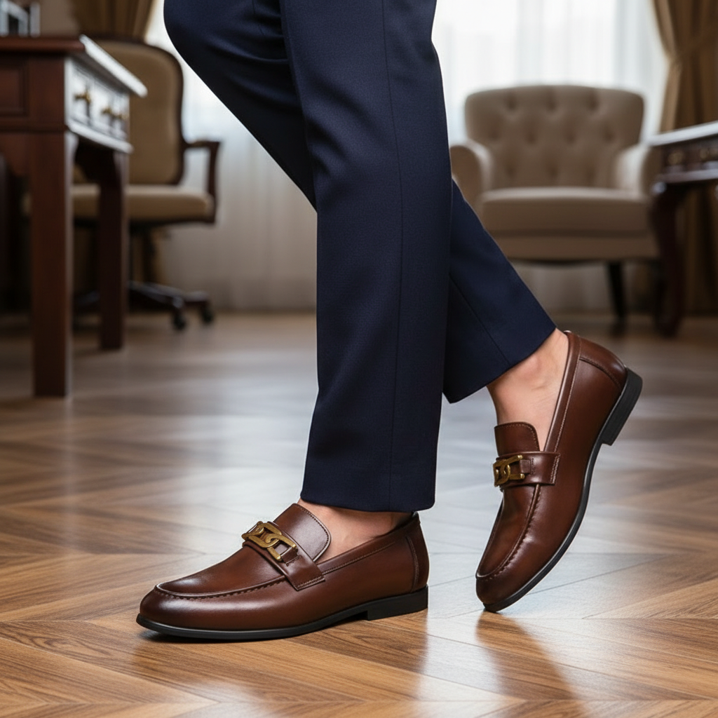 Black Genuine Leather Buckle Loafers