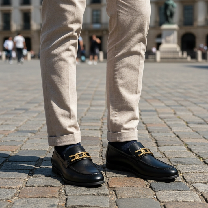 Black Genuine Leather Buckle Loafers