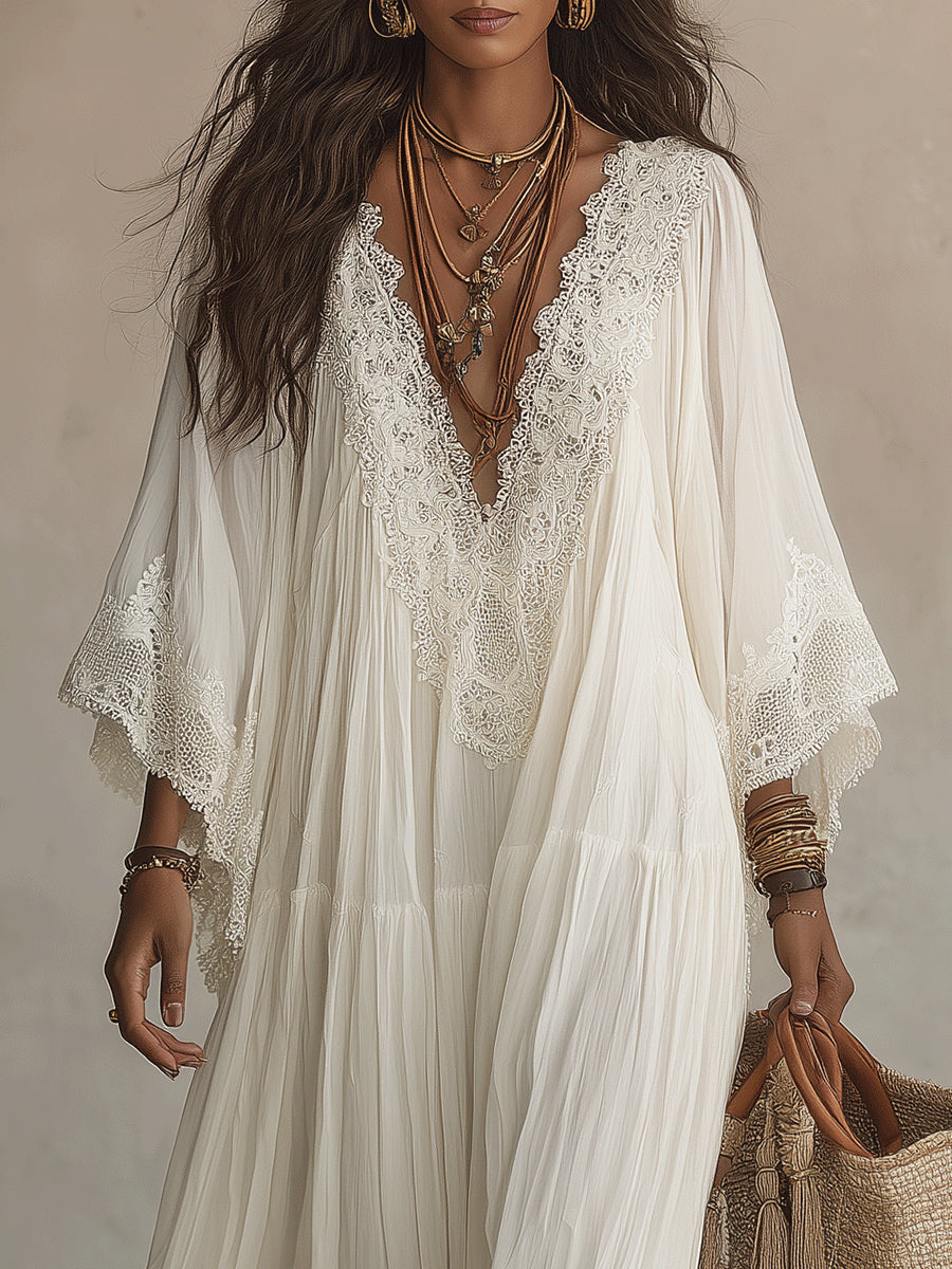 White Chiffon Maxi Dress lace neckline detail