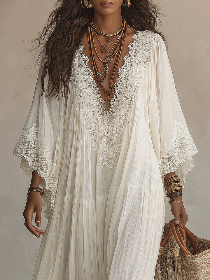 White Chiffon Maxi Dress lace neckline detail