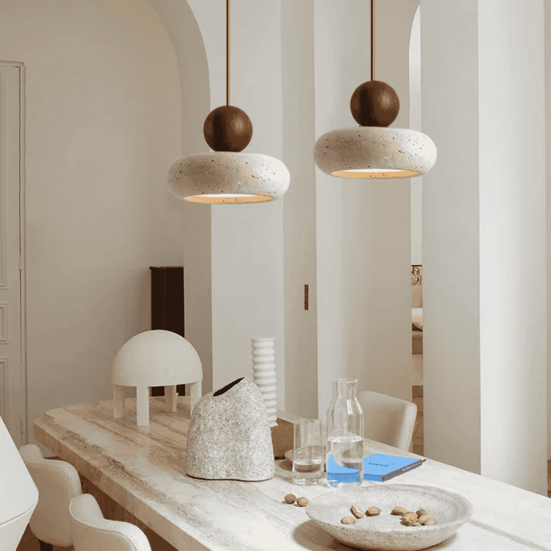 Walnut Wood Agate Stone Pendant Lights pair over table