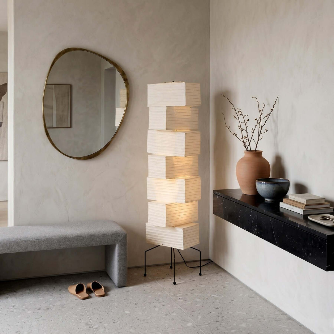 White Akari Paper Floor Lamp in a minimalist entryway
