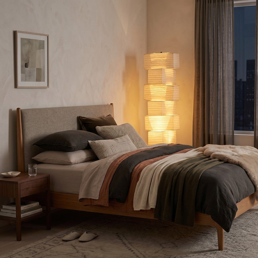 White Akari Paper Floor Lamp casting warm light in a bedroom