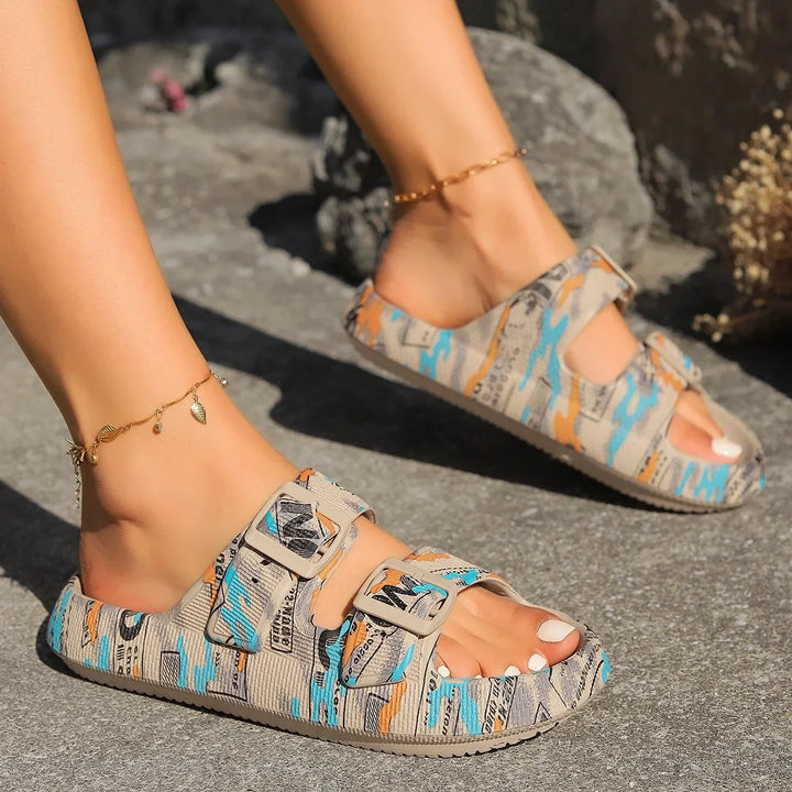 Printed Casual Summer Sandals with Adjustable Straps and Cushioned Soles for Women