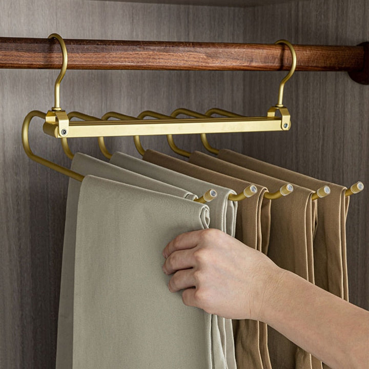 Gold Aluminum 6-Arm Swivel Pants Hanger in closet
