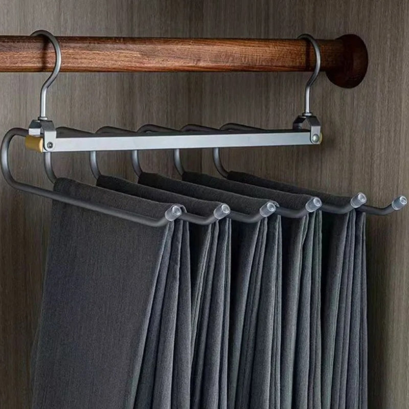 Metallic Grey Aluminum Pants Hanger with trousers in closet