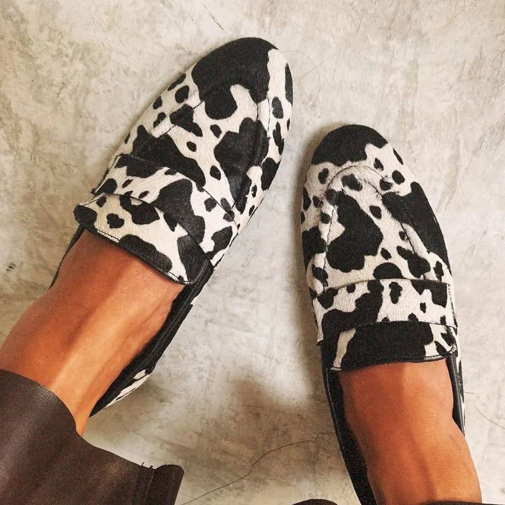 Black and White Animal Print Loafers top view worn