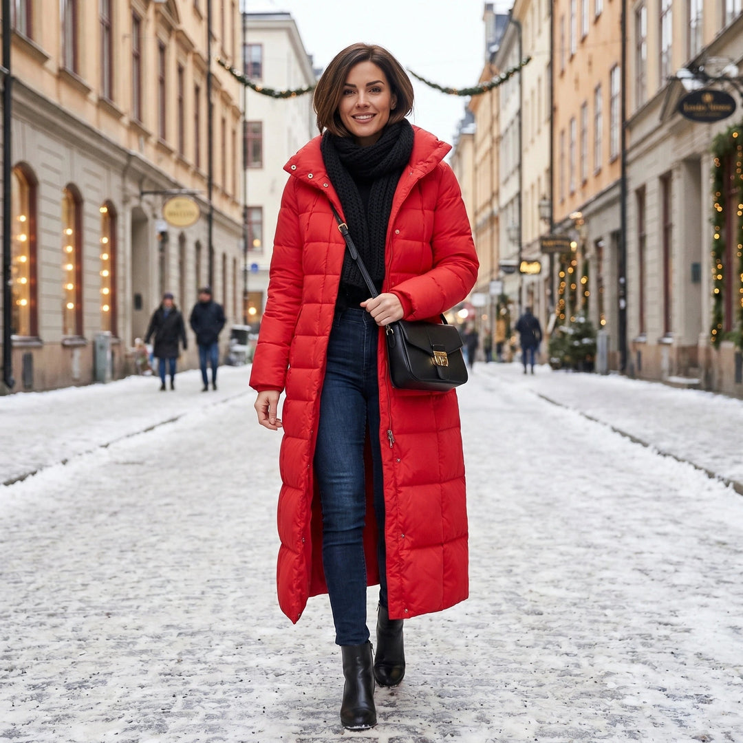 Red Ankle-Length Belted Puffer Coat worn front view