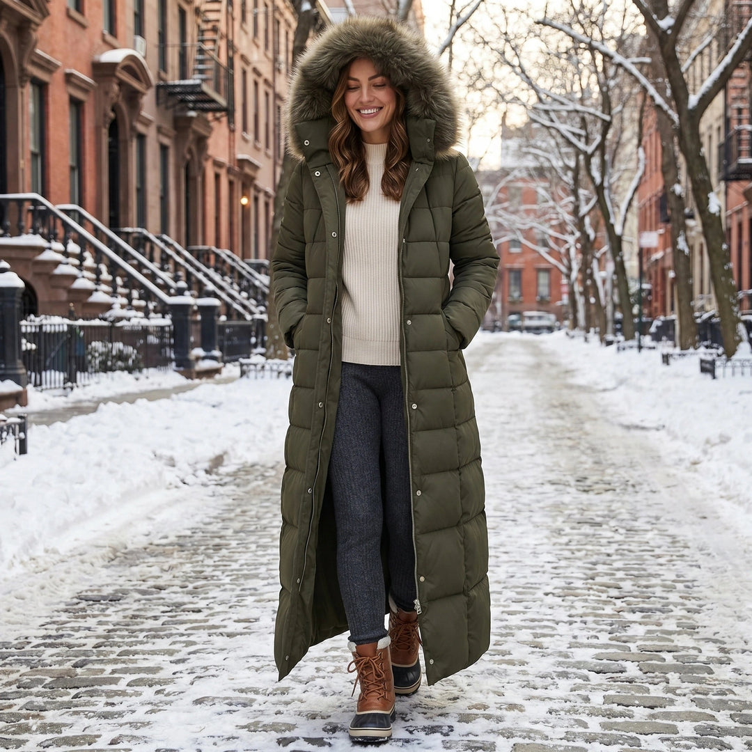 Army Green Ankle-Length Belted Puffer Coat worn front view