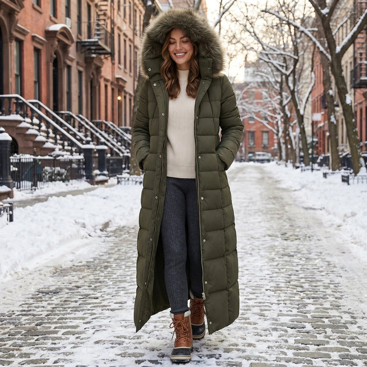 Army Green Ankle-Length Belted Puffer Coat worn front view