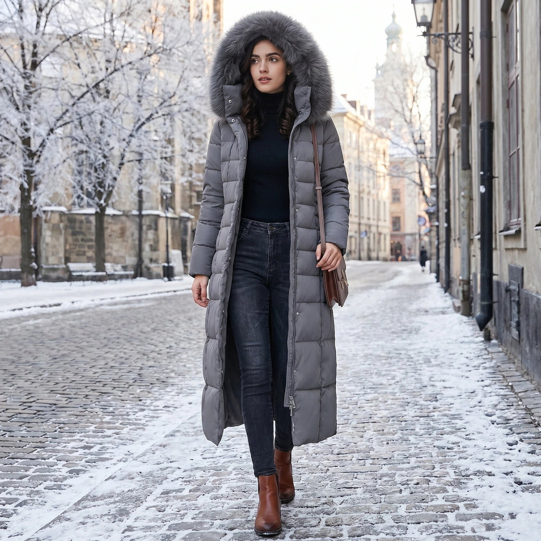 Dark Gray Ankle-Length Belted Puffer Coat worn front view