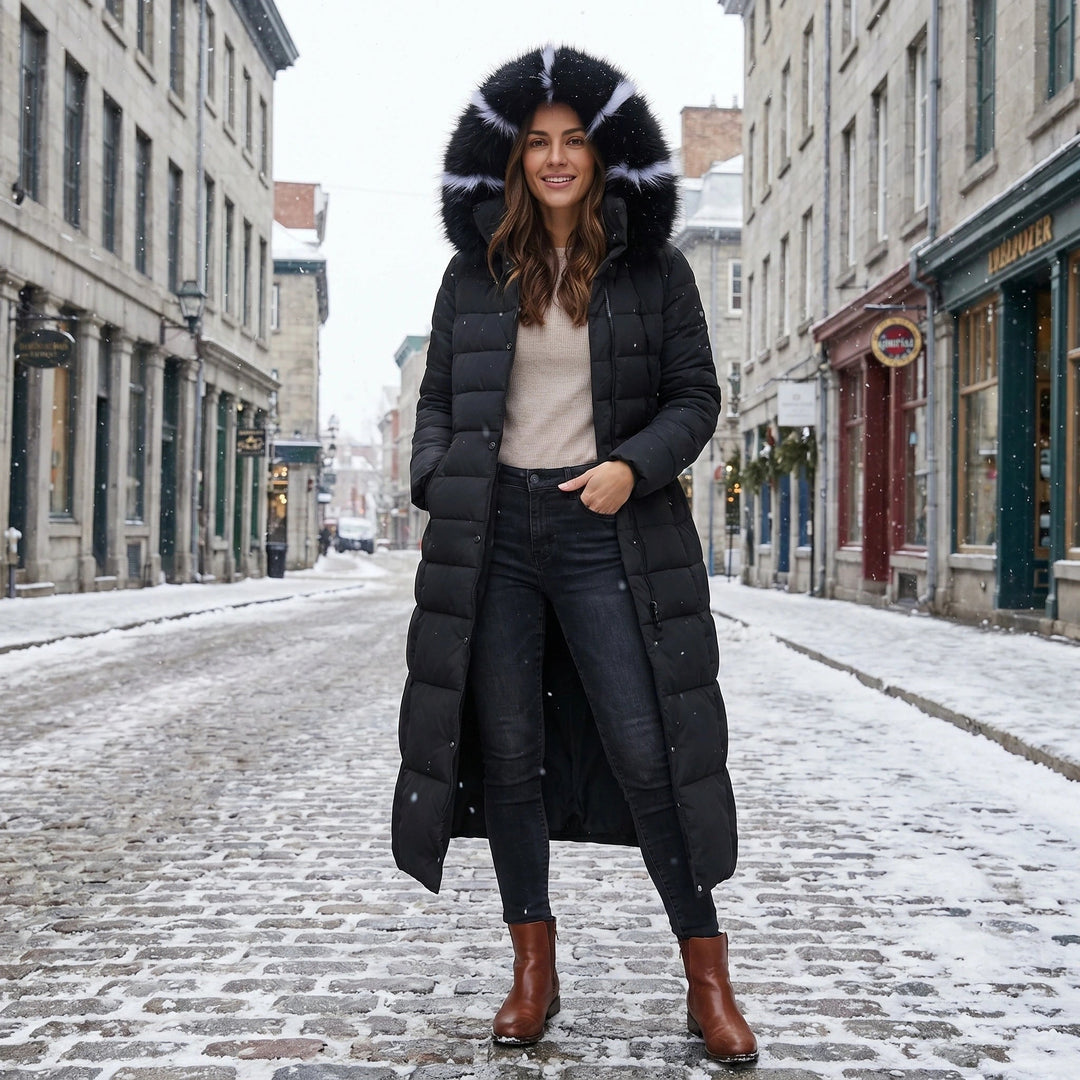 Black Ankle-Length Belted Puffer Coat worn front view