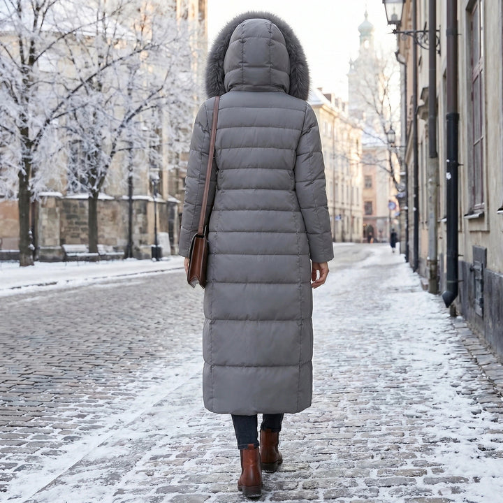 Dark Gray Ankle-Length Belted Puffer Coat back view