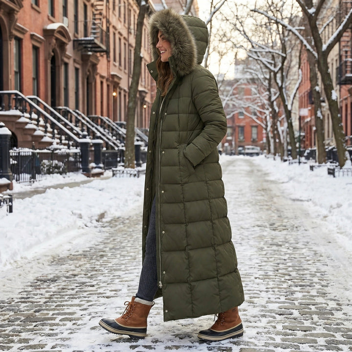 Army Green Ankle-Length Belted Puffer Coat worn side view