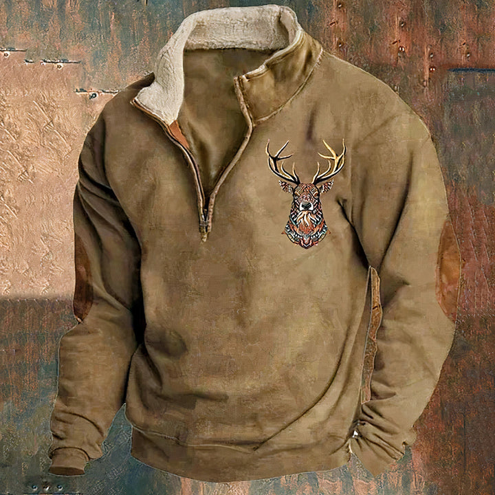Brown Antler-Print Quarter-Zip Sweater front view
