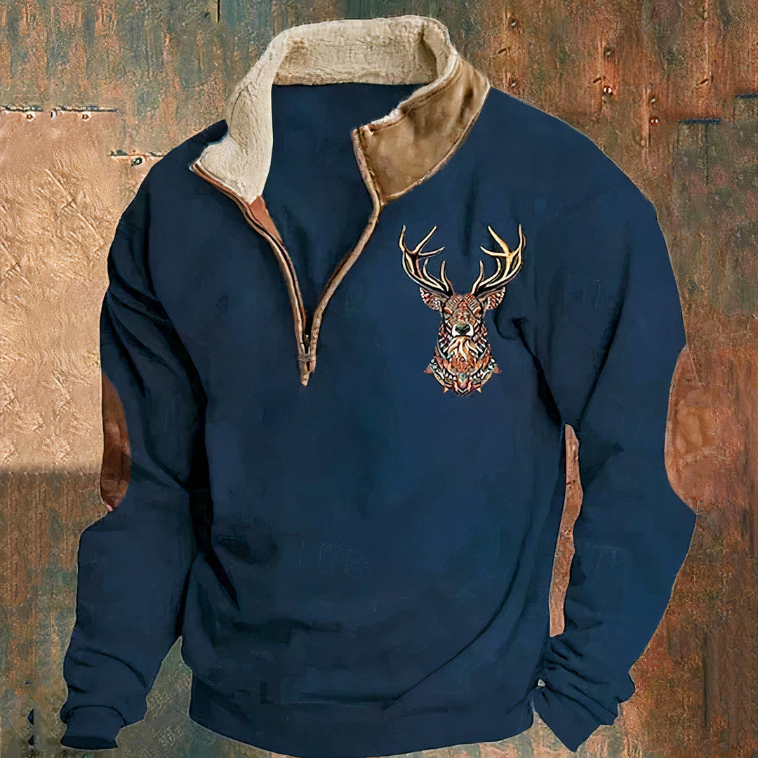 Blue Antler-Print Quarter-Zip Sweater front view