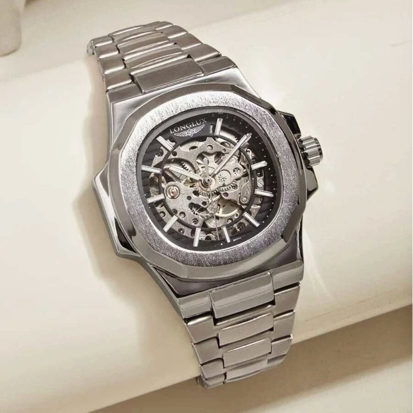 Onyx Black Automatic Skeleton Watch front view