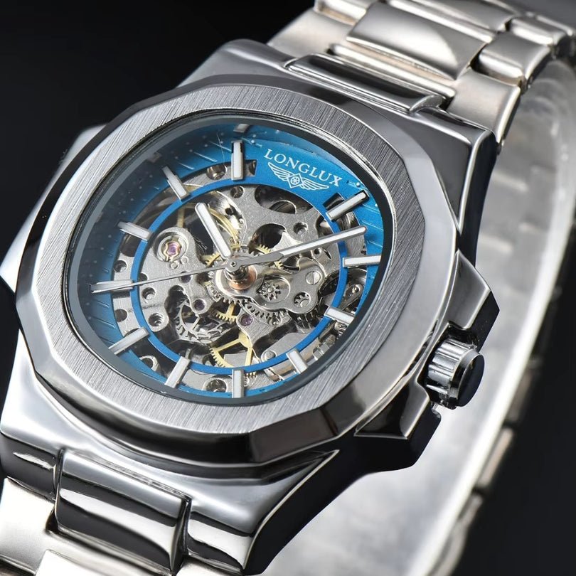 Oasis Blue Automatic Skeleton Watch dial close-up