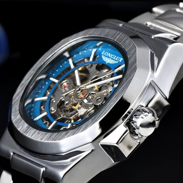 Oasis Blue Automatic Skeleton Watch crown and case detail