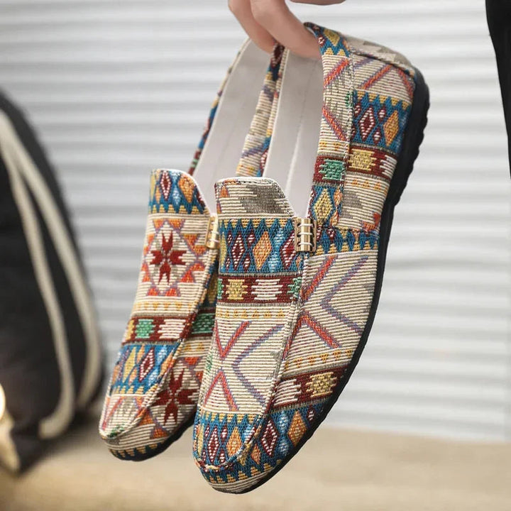 Beige Aztec-Print Canvas Loafers front view