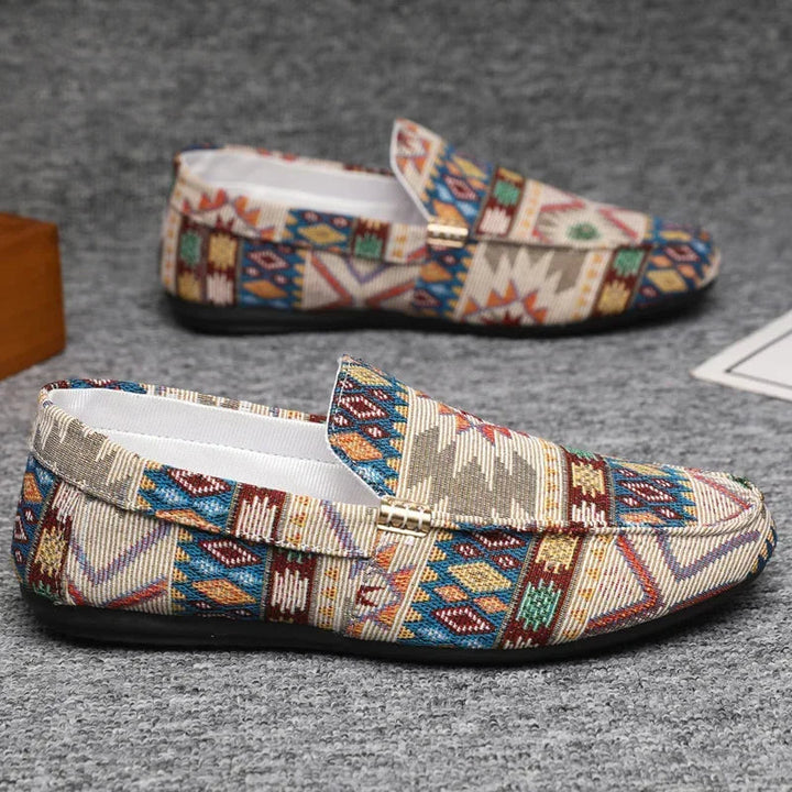 Beige Aztec-Print Canvas Loafers side view