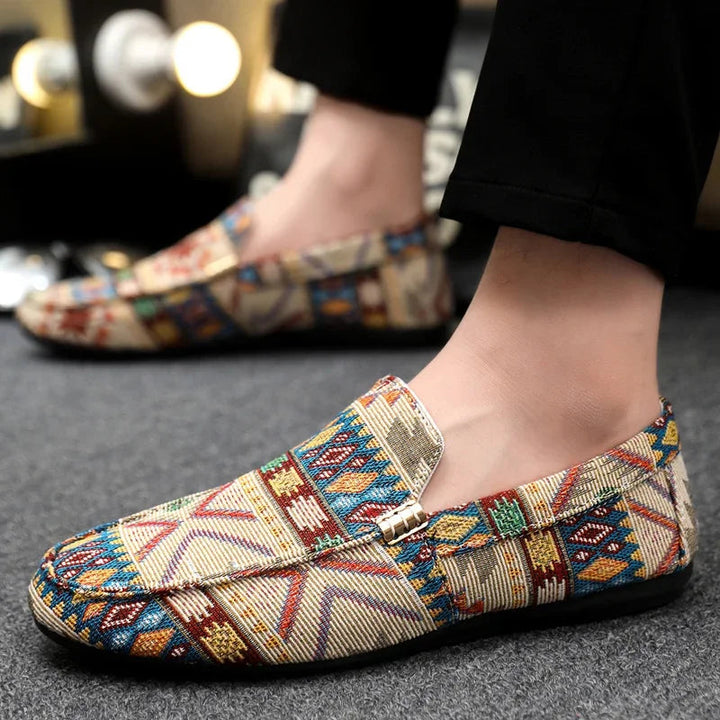 Beige Aztec-Print Canvas Loafers pattern detail