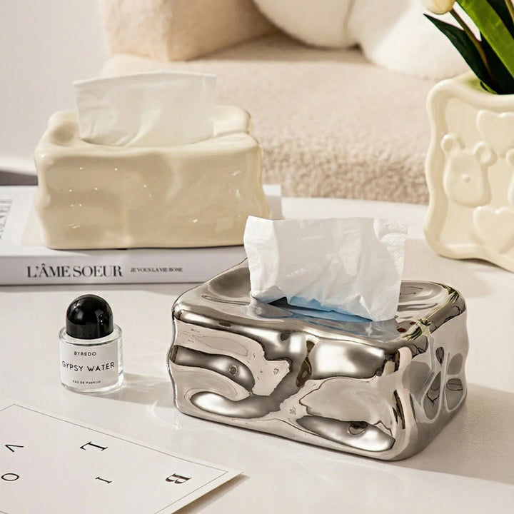 Modern Wavy Sculptural Ceramic Tissue Box Cover, Melting Design, Fluid Art Decor