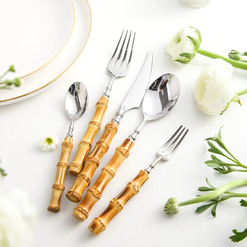 Bamboo Handle Stainless Steel Flatware Set place setting