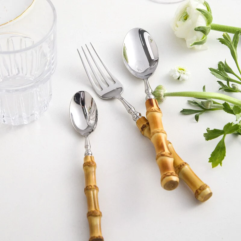 Bamboo Handle Stainless Steel Flatware Set fork and spoons