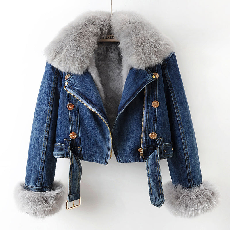Dark Blue Denim Jacket with Fox Fur Collar front view