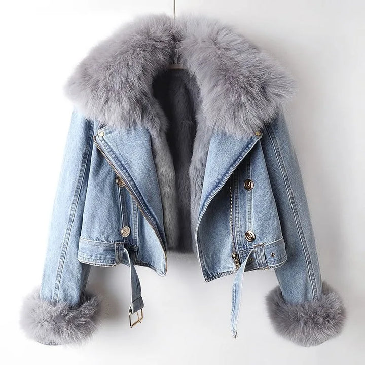 Dark Blue Denim Jacket with Fox Fur Collar styled view