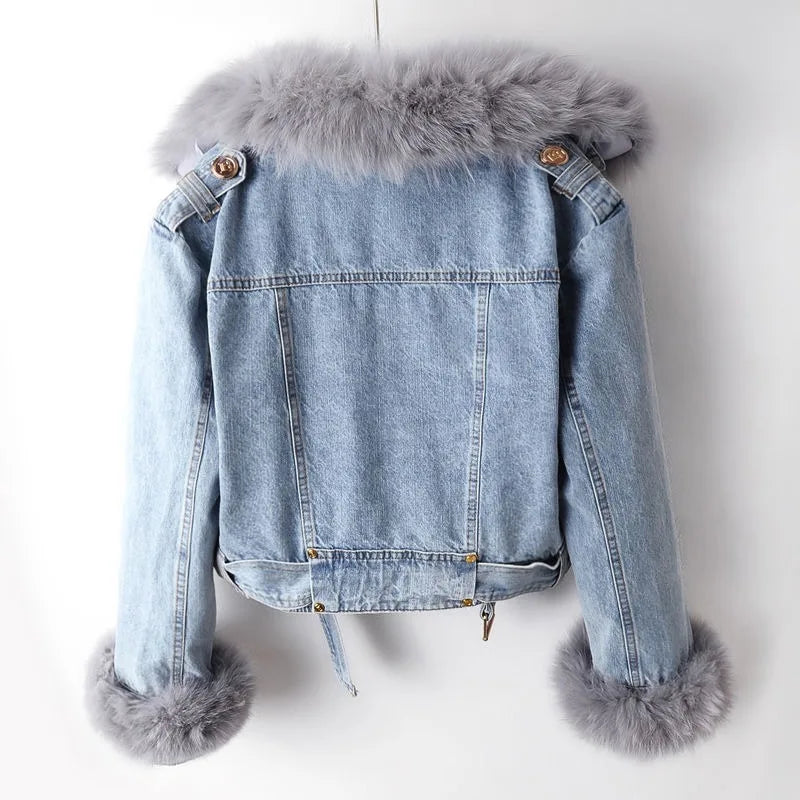 Light Blue Denim Jacket with Fox Fur Collar styled view