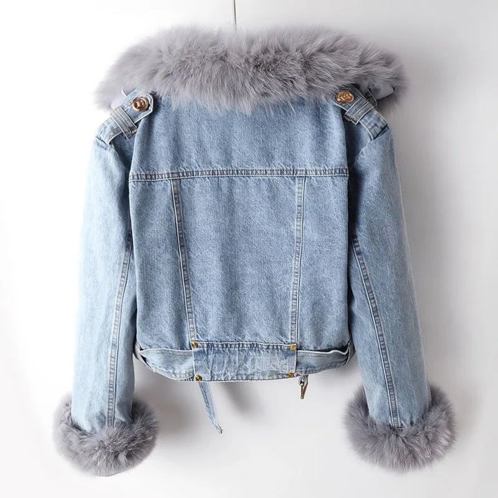 Light Blue Denim Jacket with Fox Fur Collar styled view