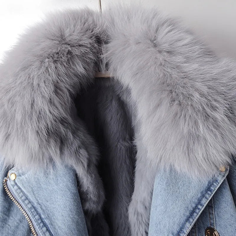 Light Blue Denim Jacket with Fox Fur Collar detail view