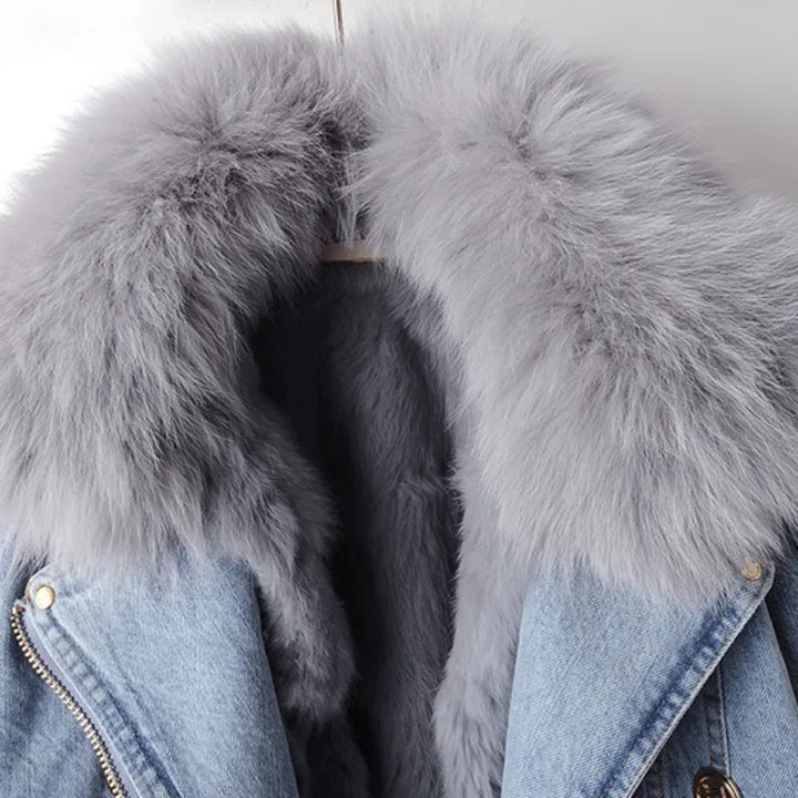 Light Blue Denim Jacket with Fox Fur Collar detail view