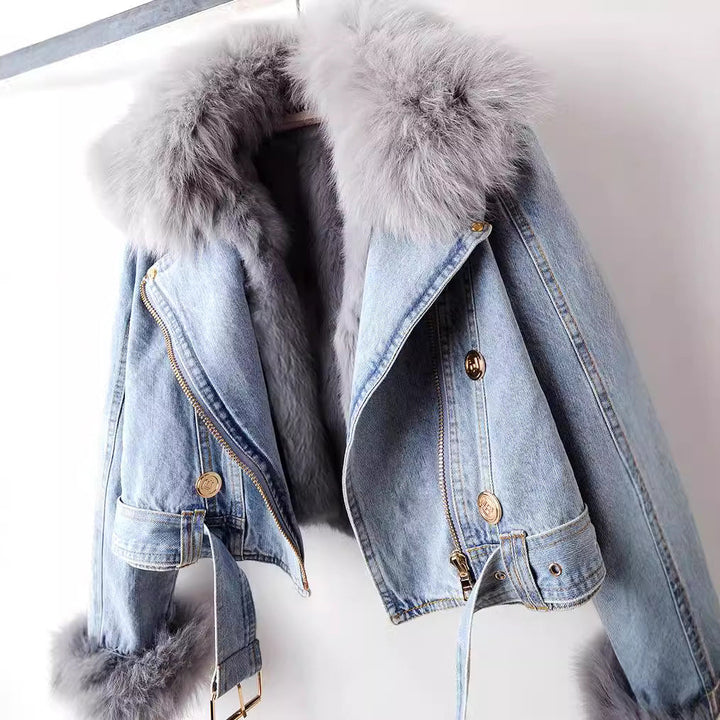 Denim Jacket fox fur collar and gold-tone hardware detail
