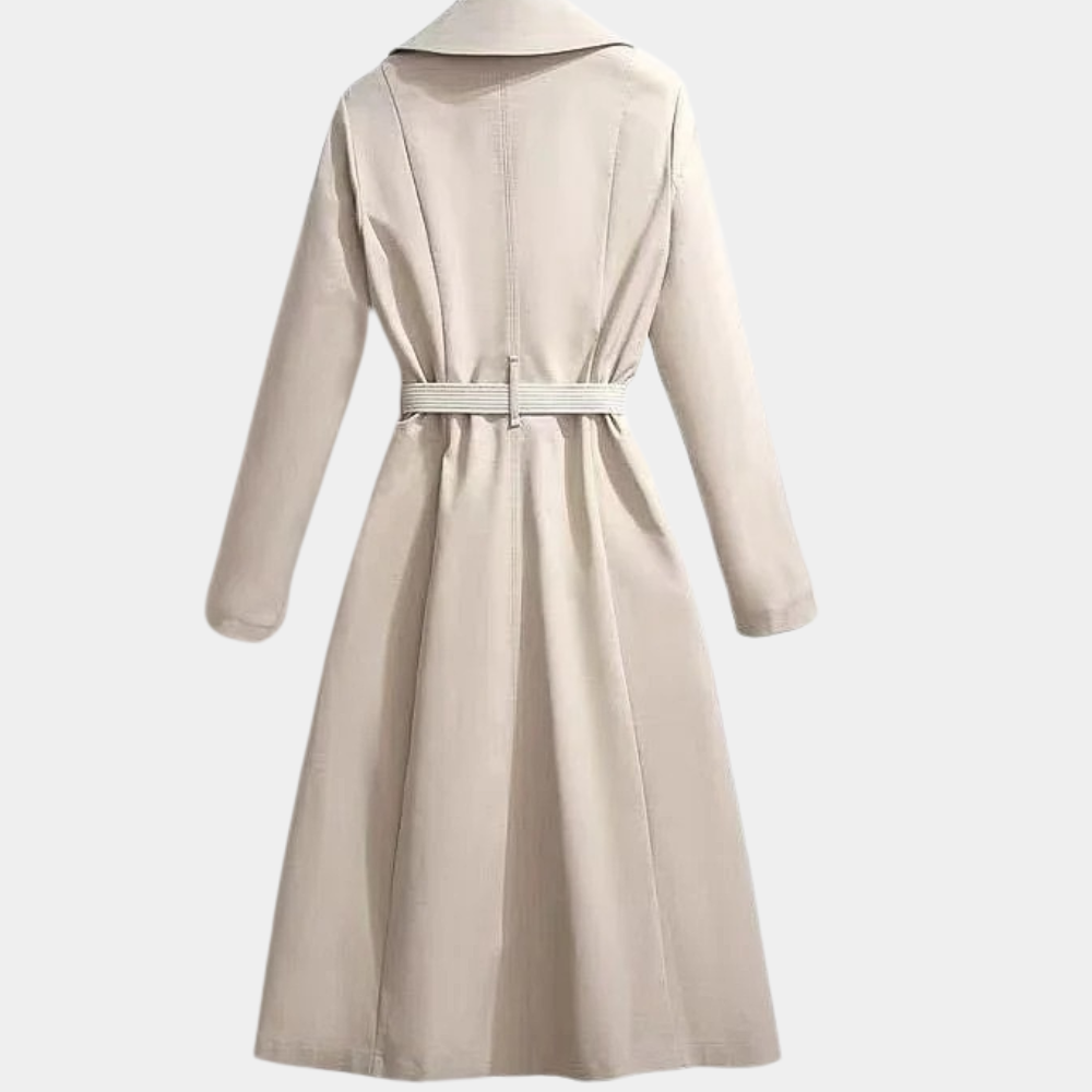 Beige Belted Double-Breasted Coat back view