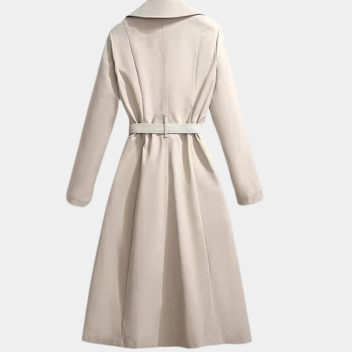 Beige Belted Double-Breasted Coat back view