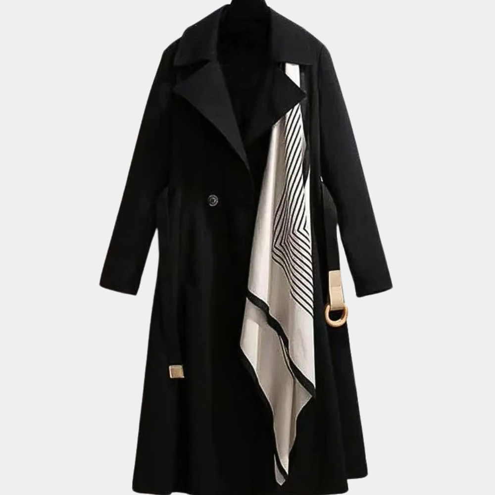 Black Belted Double-Breasted Coat scarf detail
