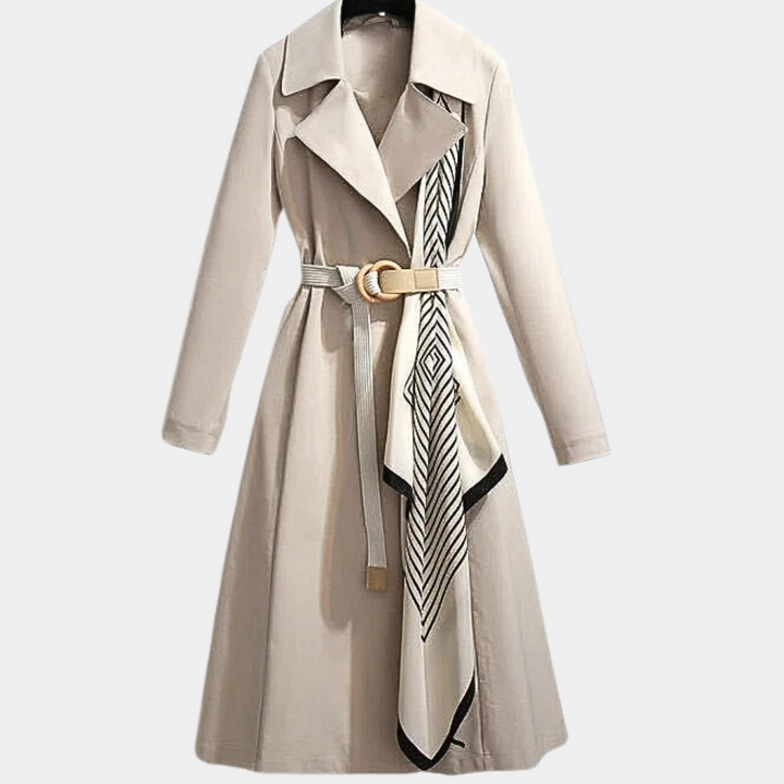 Beige Belted Double-Breasted Coat front view