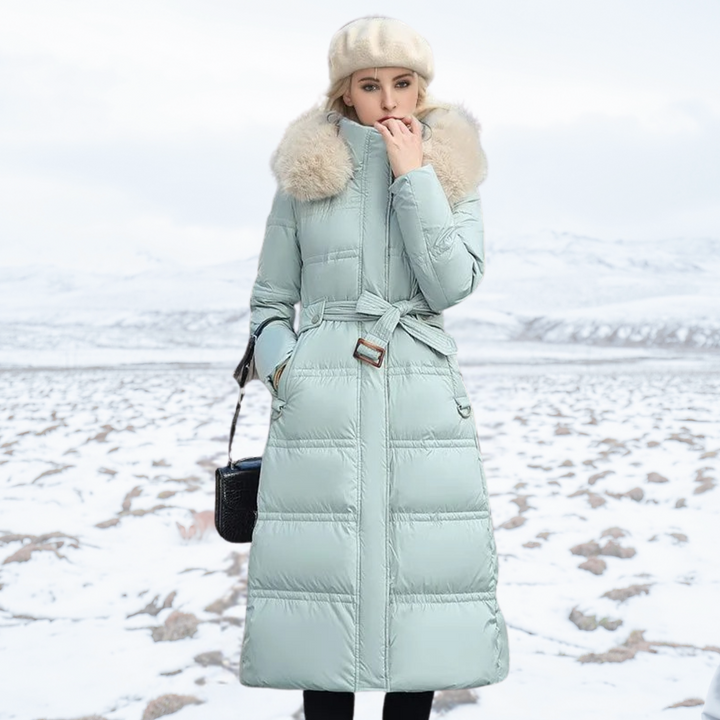Blue Belted Long Puffer Coat worn front view belted