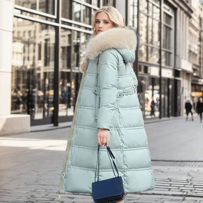 Blue Belted Long Puffer Coat worn lifestyle