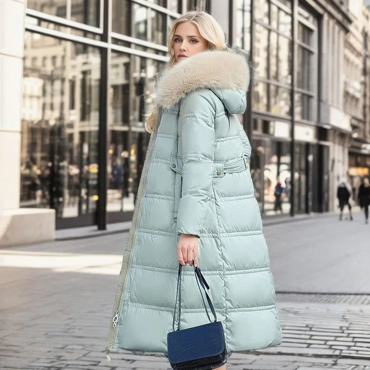 Blue Belted Long Puffer Coat worn lifestyle