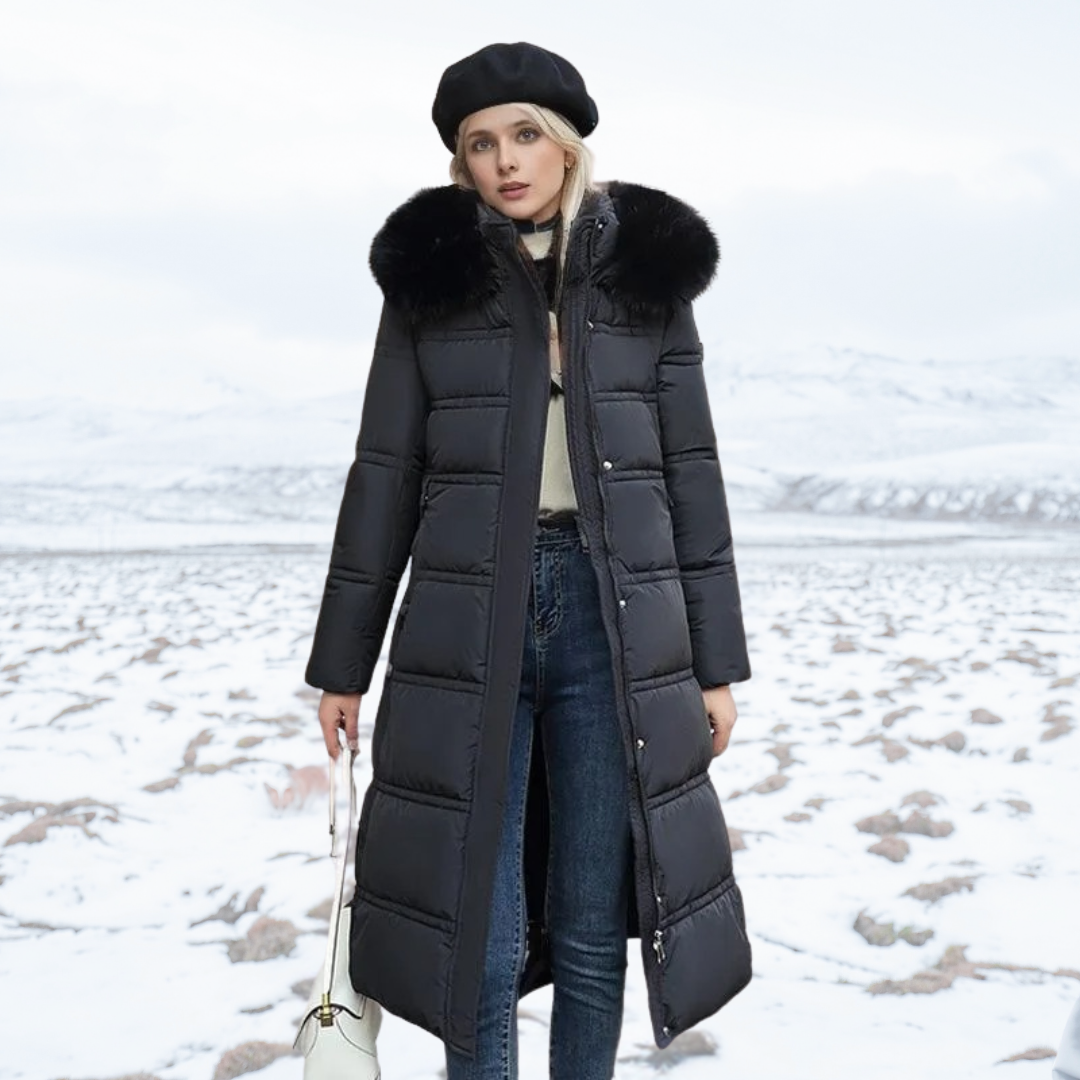 Black Belted Long Puffer Coat worn front view