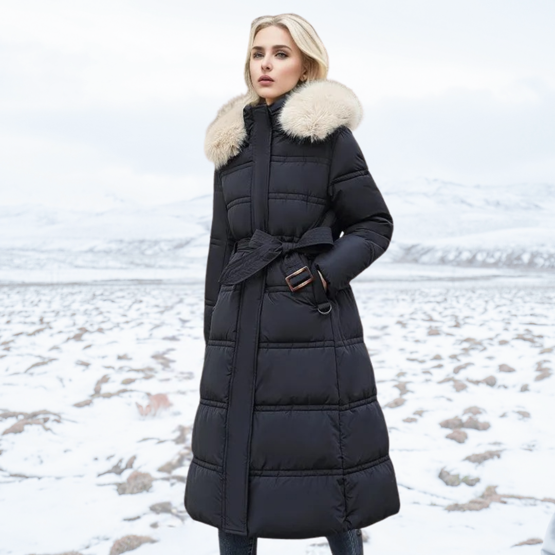 Black Belted Long Puffer Coat worn front view belted