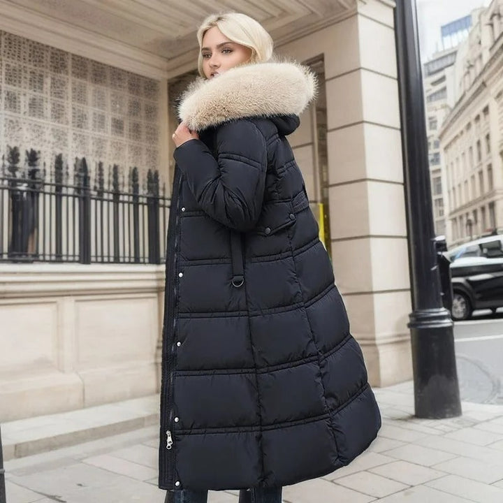 Black Belted Long Puffer Coat worn outdoors