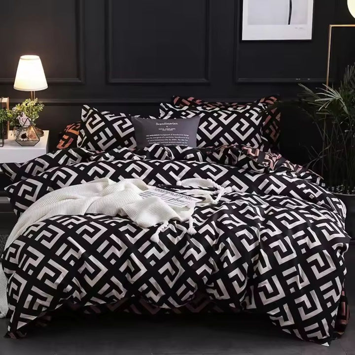 Black and White Maze Print Duvet Cover Set on bed front view
